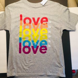 LGBTQ T Shirt PRIDE Boy/Girl Med New Gray with Love is Love is Love Stripes